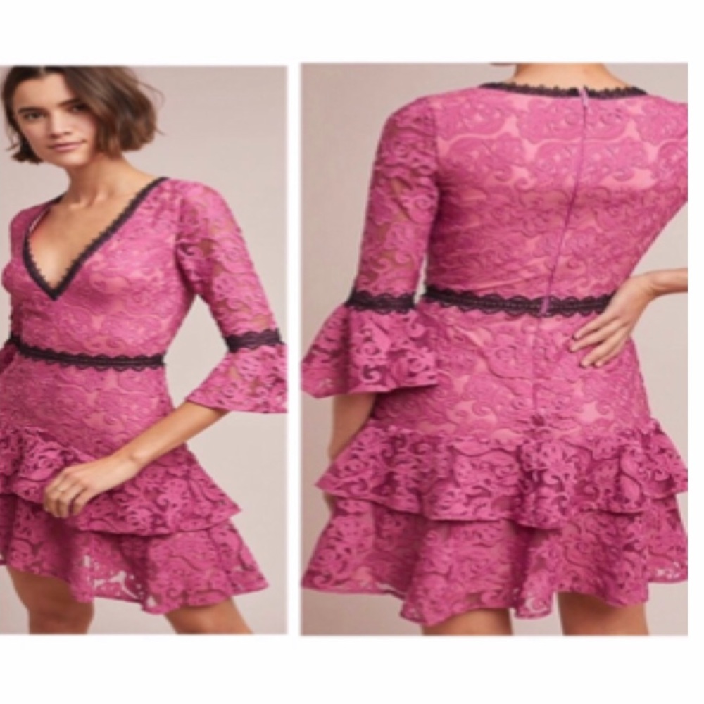 New ML Monique Lhuillier Anthropologie Ines 10 / M Rose Pink Tiered Lace Formal